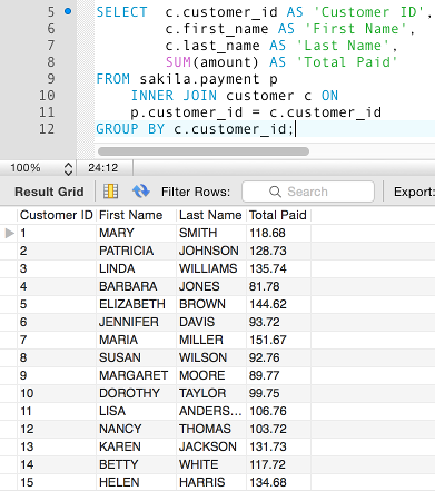 Screenshot of all customer payments totals