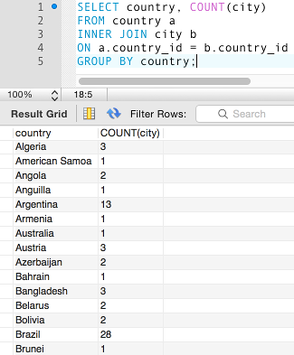 Screenshot of inner join with COUNT() and GROUP BY