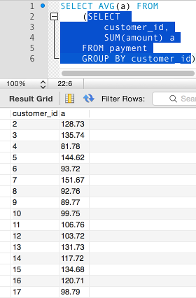 Screenshot of the results of the derived table