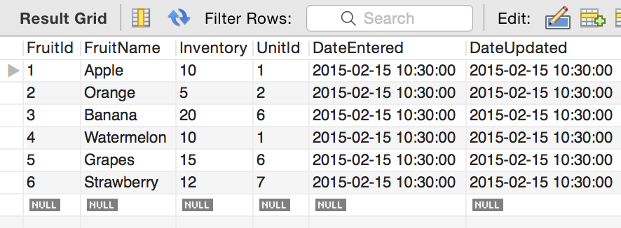 Table with restored data