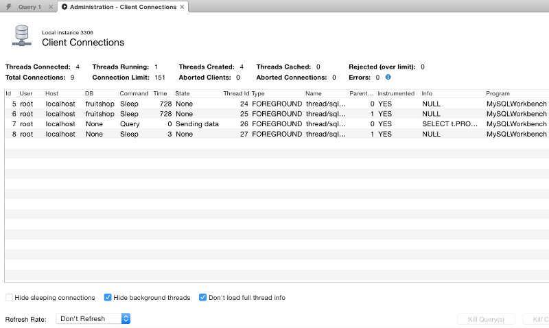 Screenshot of the Client Connections tab using the MySQL Workbench GUI