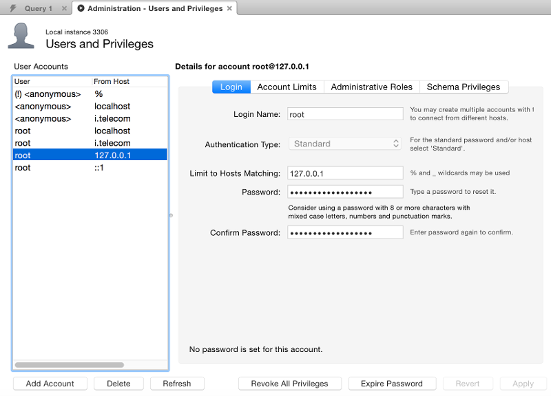 Screenshot of the Users and Privileges tab using the MySQL Workbench GUI