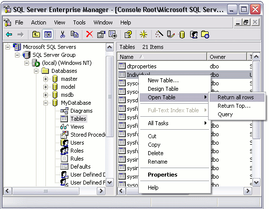 Opening a table via Enterprise Manager