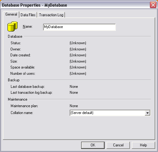 Creating a new database in SQL Server - step 2