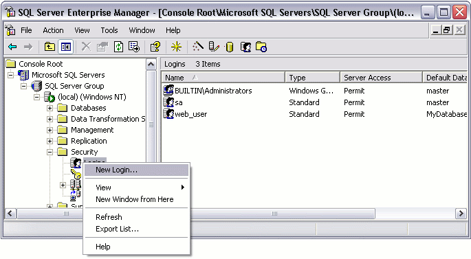 Creating a new login in SQL Server