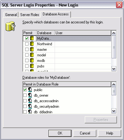 SQL Server Login Properties - Database Access tab