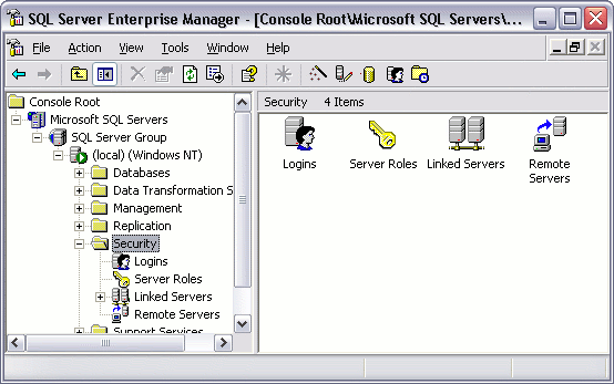 Picture of SQL Server security in Enterprise Manager