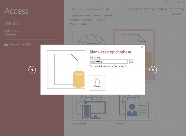 MS Access 2013: Creating a new database in Access - step 3