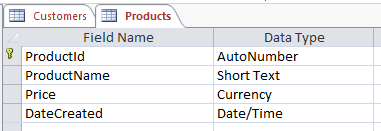 Screenshot of Products table