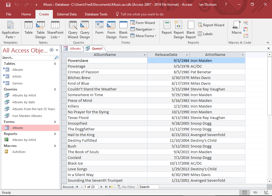 Screenshot of Microsoft Access 2016