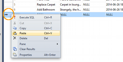 Screenshot of pasting data into a table in SSMS