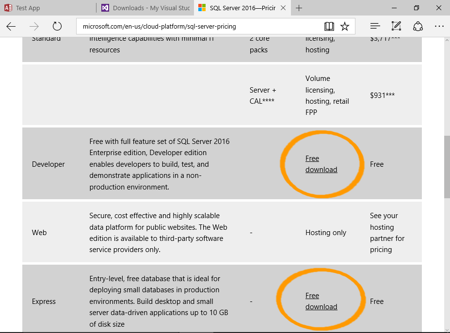 Screenshot of the Microsoft Website download area.