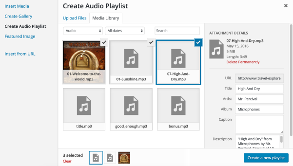 Screenshot of creating a new music playlist.