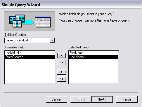 MS Access 2003: Creating a query - step 2