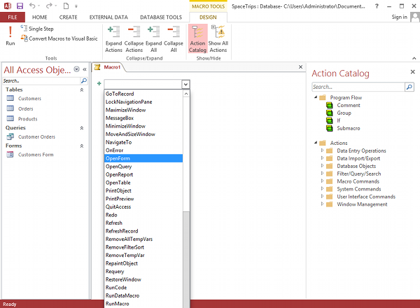 MS Access 2013: Create a macro - step 2