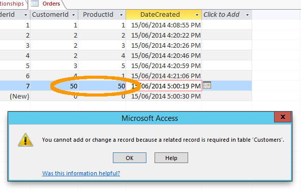 Screenshot of referential integrity warning