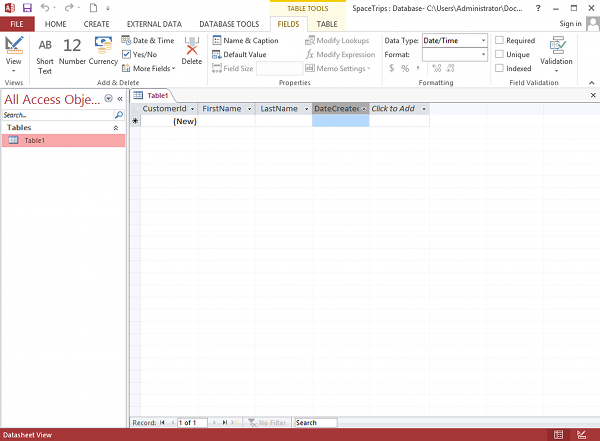 Creating a database table in MS Access 2013 - step 4