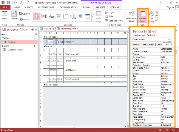 Design view and property sheet