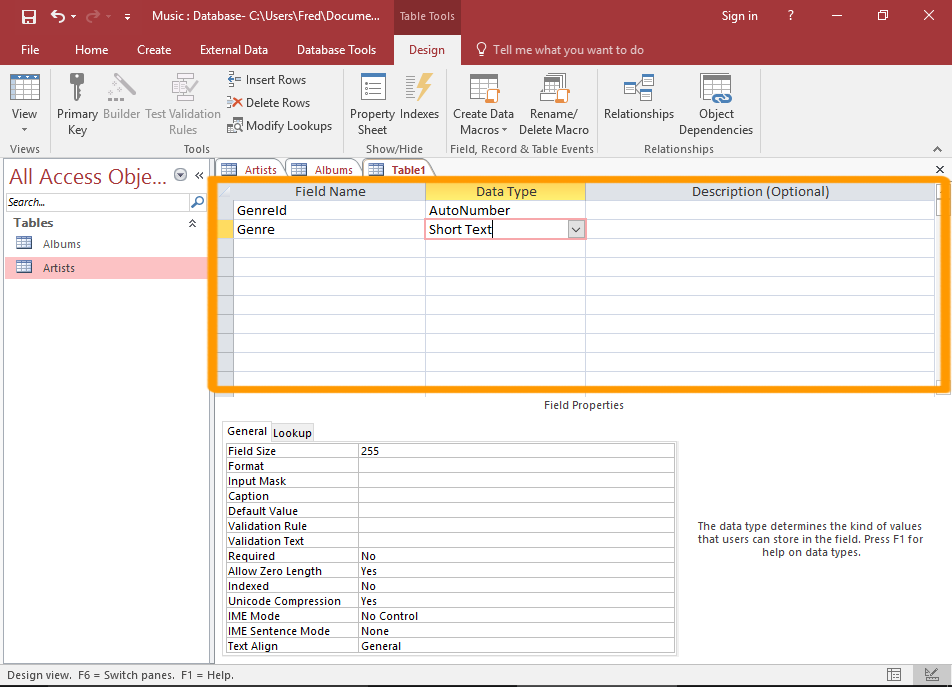 How to Create a Table in Design View in Access 2016