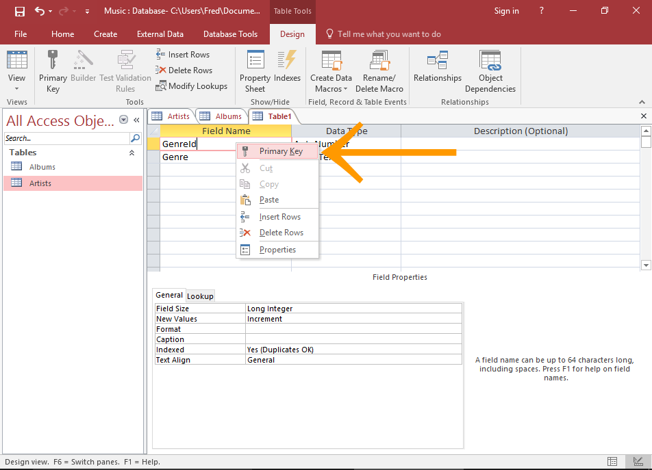 How to Create a Table in Design View in Access 2016