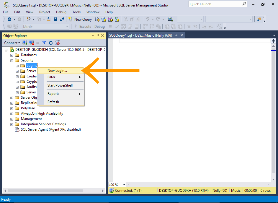 Screenshot of creating a login in SQL Server.