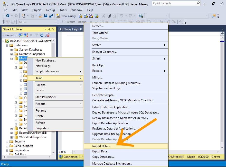 Screenshot of importing data into a table via the SSMS GUI.